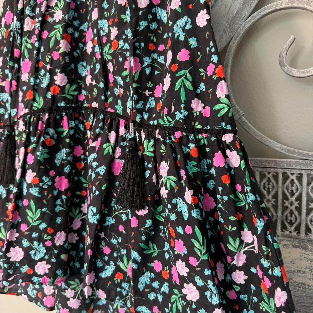 Kate Spade Floral Cotton‎ Silk Sleeveless Lace Yoke Peplum Blouse Black XS EUC